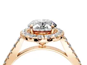 Halo Engagement Ring Setting for Oval Center with Narrowing Pave Band and Prong Head in Rose Gold