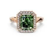 Halo Engagement Ring Setting for Fancy Green Radiant Cut Center with Twist Band and Prong Head in Rose Gold