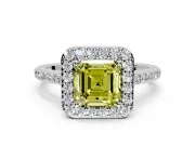 Halo Engagement Ring Setting for Fancy Yellow Asscher Cut Center with Pave Accents, Heart Basket and Prong Head in White Gold