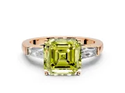 3 Stone Engagement Ring Setting for Fancy Yellow Asscher Cut Center with Tapered Baguettes, Plain Band and Prong Head in Rose Gold