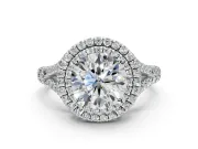 Double Halo Engagement Ring Setting for Round Cut Center with Narrow Pave Split Shank and Prong Head in Sterling Silver