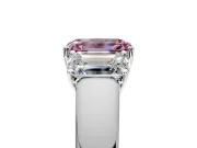 3 Stone Engagement Ring Setting for Fancy Pink Emerald Cut Center with Raised Basket Heads and Prong Head in Platinum