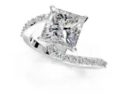 Solitaire Engagement Ring Setting for Princess Cut Center with Pave Bypass Swirl Band and Prong Head in Sterling Silver