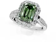 Floral Halo Engagement Ring Setting for Fancy Green Emerald Cut Center with Large Halo Accents and Prong Head in White Gold