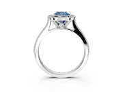 Halo Engagement Ring Setting for Fancy Blue Cushion Cut Center with Milgrain Pave Band and Bezel Head in Platinum