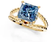 Halo Engagement Ring Setting for Fancy Blue Princess Cut Center with Rope Twist Split Shank and Prong Head in Yellow Gold
