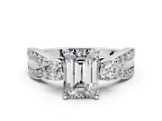 3 Stone Engagement Ring Setting for Emerald Cut Center with Pave Twist Band and Prong Head in White Gold