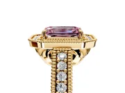 Milgrain Halo Engagement Ring Setting for Fancy Pink Emerald Cut Center with Pave Band and Prong Head in Yellow Gold