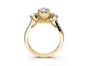 3 Stone Engagement Ring Setting for Pear-Shaped Center with Crossover Basket, Pave Band and Prong Head in Yellow Gold