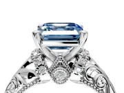 Solitaire Engagement Ring Setting for Fancy Blue Asscher Cut Center with Filigree Accent Basket and Prong Head in White Gold