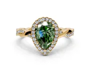 Halo Engagement Ring Setting for Fancy Green Pear-Shaped Center with Pave and Plain Twist Band and Prong Head in Yellow Gold