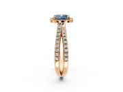 Halo Engagement Ring Setting for Fancy Blue Cushion Cut Center with Double Pave Split Shank and Prong Head in Rose Gold