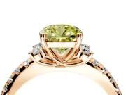 Paired Accent Engagement Ring Setting for Fancy Yellow Cushion Cut Center with Pave Band and Prong Head in Rose Gold