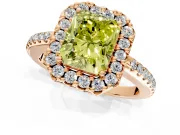 Pave Halo Engagement Ring Setting for Fancy Yellow Radiant Cut Center with Single Row Pave Band and Prong Head in Rose Gold