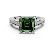 Engraved Engagement Ring Setting for Fancy Green Asscher Cut Center with Milgrain Pave Band and Prong Head in Platinum