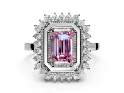 Halo Engagement Ring Setting for Fancy Pink Emerald Cut Center with Milgrain Bezel Rim, Plain Band and Prong Head in Sterling Silver