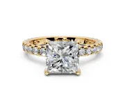 Solitaire Engagement Ring Setting for Princess Cut Center with Shared-Prong Accents and Prong Head in Yellow Gold