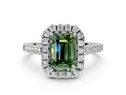 Halo Engagement Ring Setting for Fancy Green Emerald Cut Center with Narrowing Pave Band and Prong Head in Sterling Silver