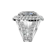 Double Halo Engagement Ring Setting for Emerald Cut Center with Narrow Pave Split Shank and Prong Head in White Gold