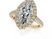 Halo Engagement Ring Setting for Marquise Center with Narrowing Pave Band and Prong Head in Yellow Gold