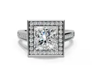 Halo Engagement Ring Setting for Princess Cut Center with Outer Bezel Rim, Pave Band and Prong Head in Sterling Silver