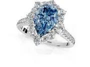 Halo Engagement Ring Setting for Fancy Blue Pear-Shaped Center with Single-Row Pave, Open Basket and Prong Head in Platinum