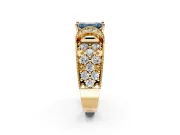 Pave Engagement Ring Setting for Fancy Blue Emerald Cut Center with Curved Accent Rows, Openwork and Prong Head in Yellow Gold