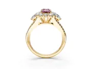 Halo Engagement Ring Setting for Fancy Pink Emerald Cut Center with Two-Strand Split Shank and Prong Head in Yellow Gold