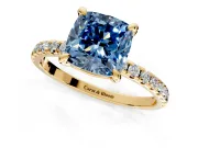 Solitaire Engagement Ring Setting for Fancy Blue Cushion Cut Center with Fine Pave Narrow Band and Prong Head in Yellow Gold