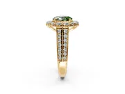 Large Accent Halo Engagement Ring Setting for Fancy Green Oval Center with Pave Split Shank and Prong Head in Yellow Gold