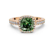 Halo Engagement Ring Setting for Fancy Green Cushion Cut Center with Full Pave Band and Prong Head in Rose Gold
