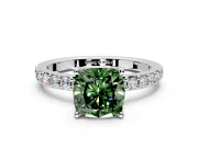 Solitaire Engagement Ring Setting for Fancy Green Cushion Cut Center with Round Cut Pave Band and Prong Head in Platinum