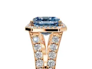 Halo Engagement Ring Setting for Fancy Blue Asscher Cut Center with Narrow Pave Split Shank and Prong Head in Rose Gold