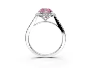Halo Engagement Ring Setting for Fancy Pink Cushion Cut Center with Narrowing Pave Band and Prong Head in Platinum