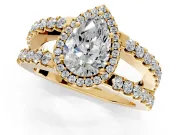 Halo Engagement Ring Setting for Pear-Shaped Center with Wide-Open Pave Split Shank and Prong Head in Yellow Gold