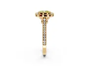 Halo Engagement Ring Setting for Fancy Yellow Cushion Cut Center with Milgrain Frame, Pave Band and Prong Head in Yellow Gold