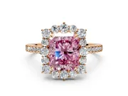 Halo Engagement Ring Setting for Fancy Pink Radiant Cut Center with Single-Row Pave, Open Basket and Prong Head in Rose Gold