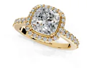 Halo Engagement Ring Setting for Cushion Cut Center with Inner Milgrain Border and Prong Head in Yellow Gold