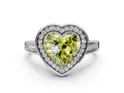 Halo Engagement Ring Setting for Fancy Yellow Heart-Shaped Center with Outer Bezel Rim, Pave Band and Prong Head in White Gold