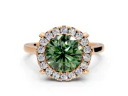 Single Halo Engagement Ring Setting for Fancy Green Round Cut Center with Corner Claws, Plain Band and Prong Head in Rose Gold