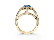 Halo Engagement Ring Setting for Fancy Blue Round Cut Center with Framed Halo, Pave Band and Prong Head in Yellow Gold