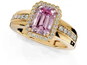 Halo Engagement Ring Setting for Fancy Pink Emerald Cut Center with Wide Band, Inlaid Accent Row and Prong Head in Yellow Gold