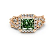 Bypass Halo Engagement Ring Setting for Fancy Green Princess Cut Center with Bezel Accents, Milgrain and Prong Head in Rose Gold