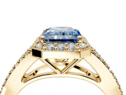 Halo Engagement Ring Setting for Fancy Blue Radiant Cut Center with Pave Split Shank and Prong Head in Yellow Gold