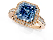 Bezel-Framed Halo Engagement Ring Setting for Fancy Blue Asscher Cut Center with Pave Band and Prong Head in Rose Gold