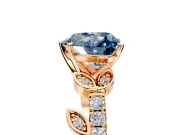 Leaf Motif Engagement Ring Setting for Fancy Blue Heart-Shaped Center with Pave Band and Prong Head in Rose Gold