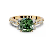 Paired Accent Engagement Ring Setting for Fancy Green Cushion Cut Center with Pave Band and Prong Head in Yellow Gold