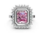 Halo Engagement Ring Setting for Fancy Pink Radiant Cut Center with Milgrain Bezel Rim, Plain Band and Prong Head in Platinum