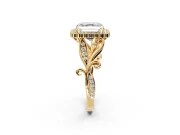Halo Engagement Ring Setting for Asscher Cut Center with Leaf Motif Split Shank and Prong Head in Yellow Gold