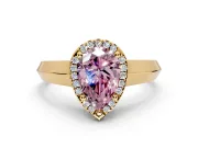 Halo Engagement Ring Setting for Fancy Pink Pear-Shaped Center with Knife Ridge Cathedral Band and Prong Head in Yellow Gold
